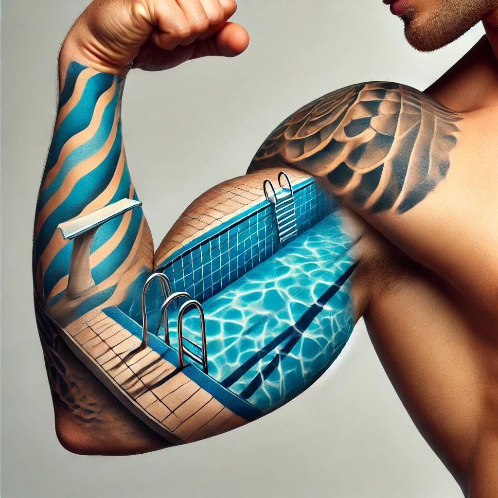 Muscular arm with a swimming pool tattoo. Blue water, ladders, and a diving board are visible.