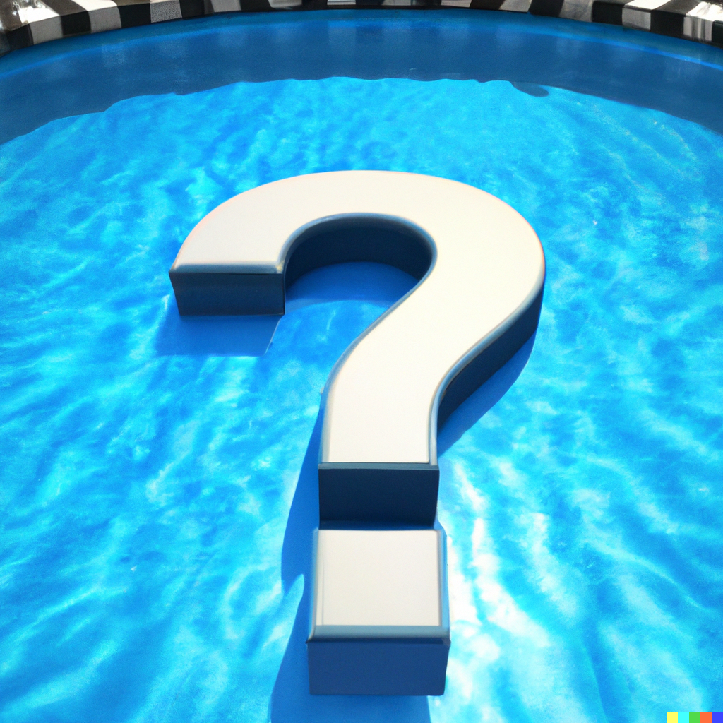 White question mark floating in blue water.