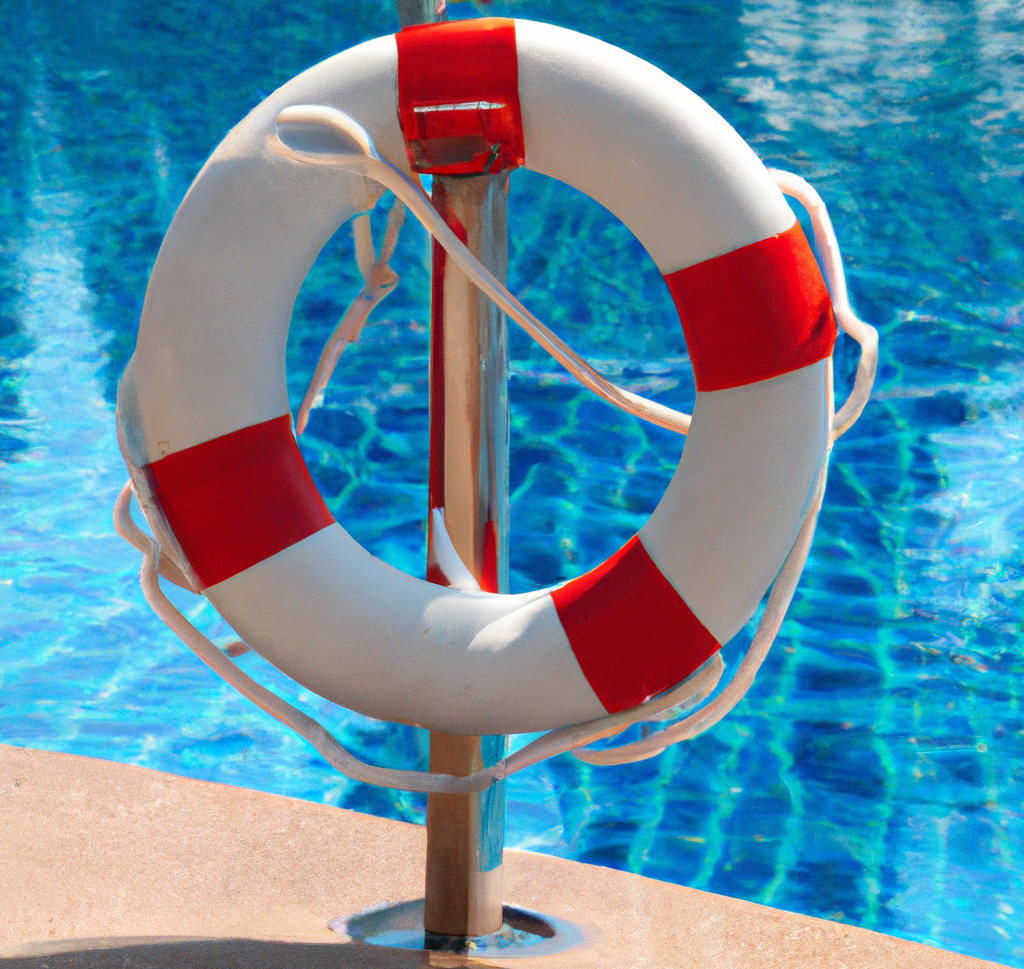 Life preserver ring on pole beside a pool; white with red stripes.