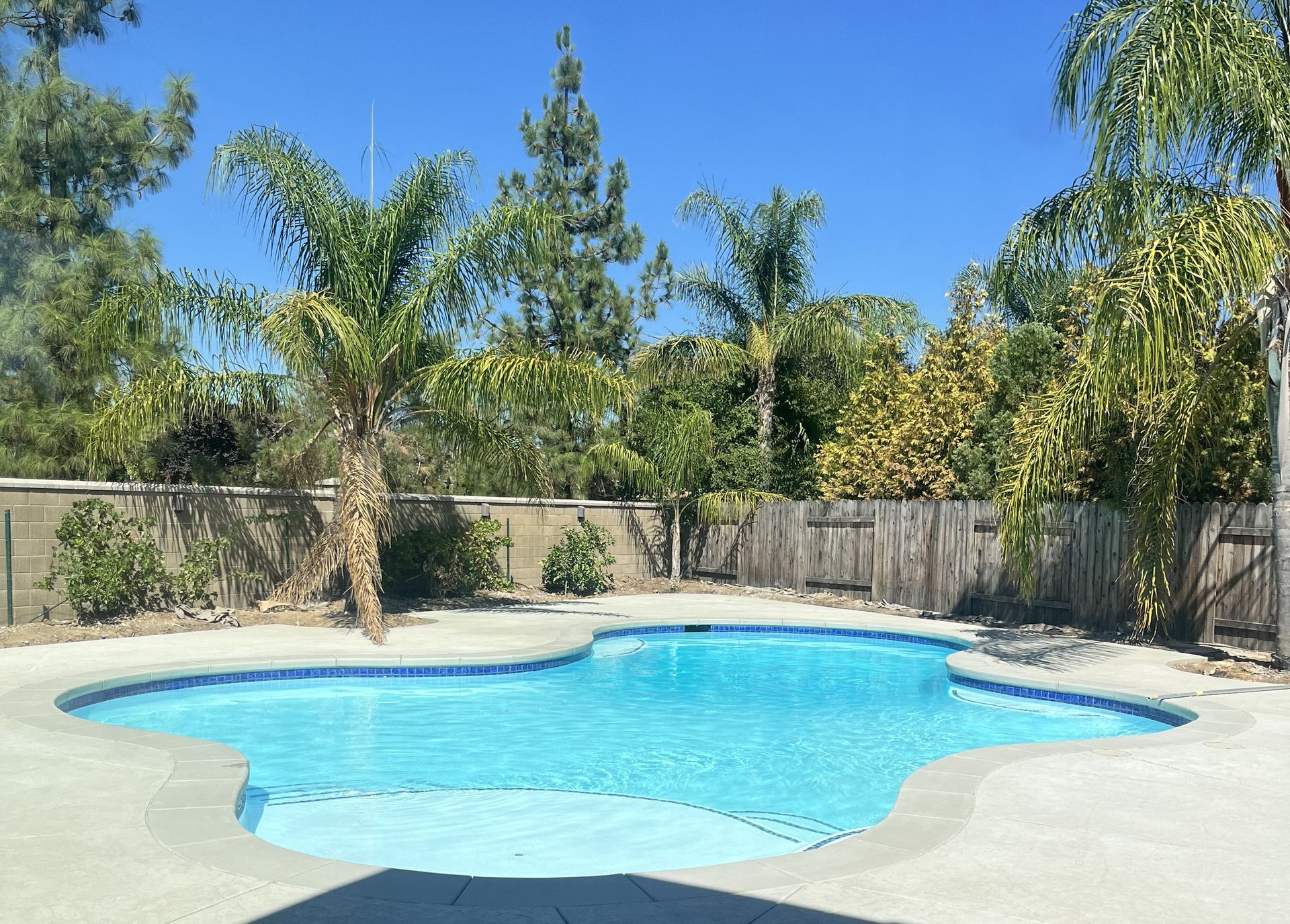 A fiberglass coated plaster pool full of water. 