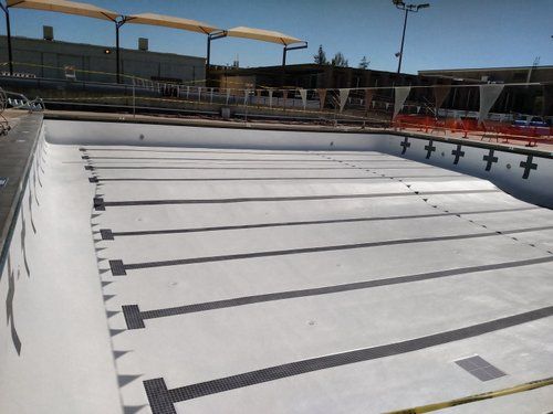Empty swimming pool with lane markers, in an outdoor setting on a sunny day.