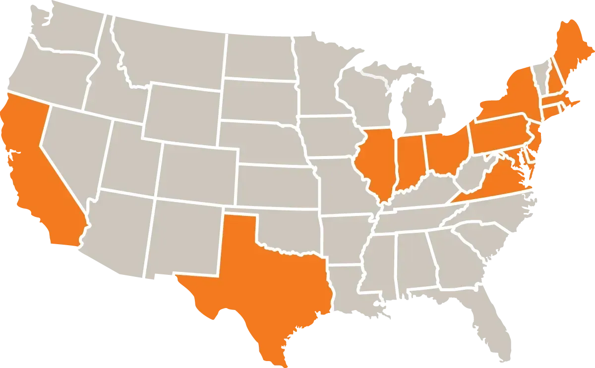 A map of the united states with orange states highlighted