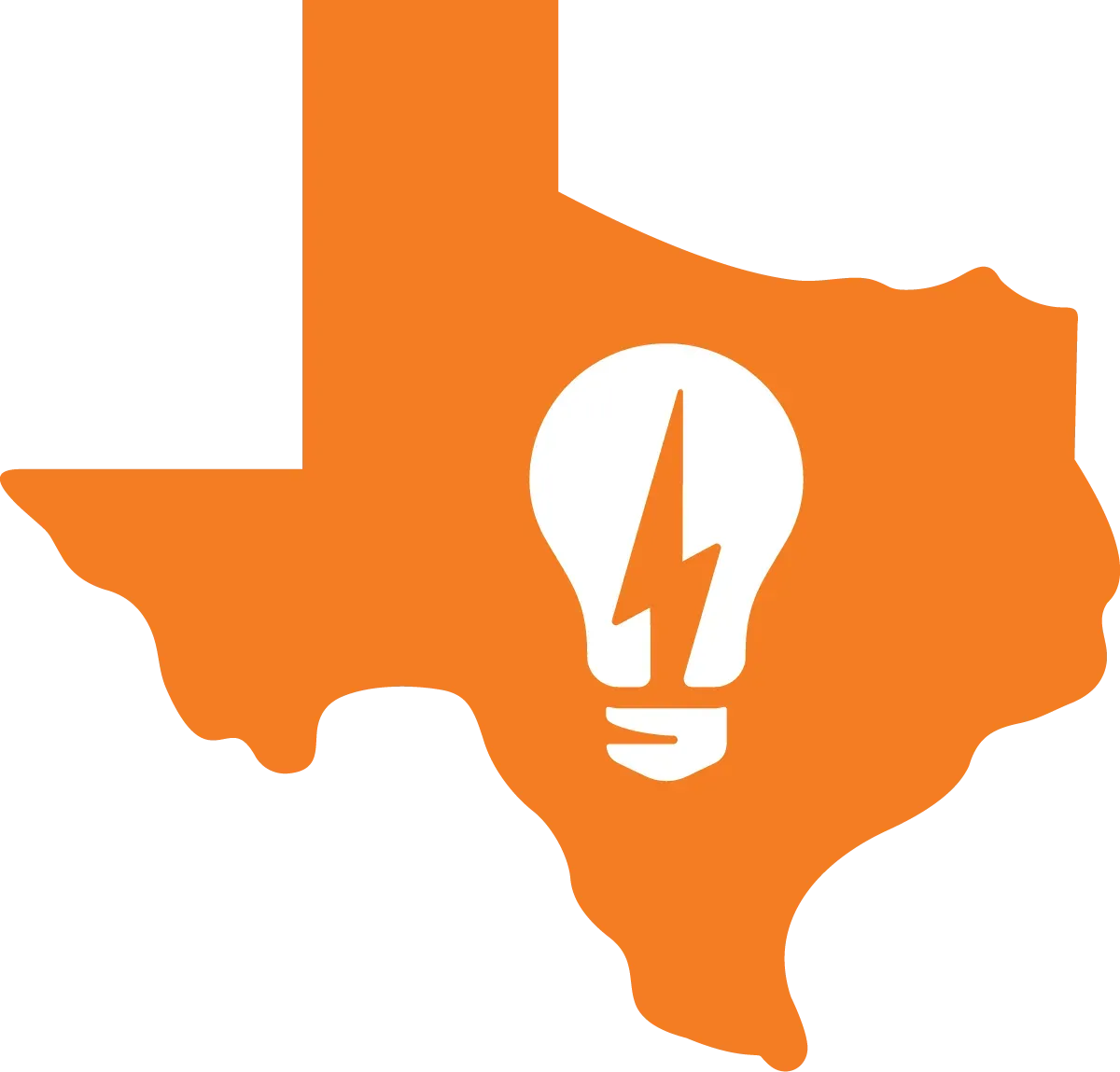 An orange map of texas with a light bulb and a lightning bolt