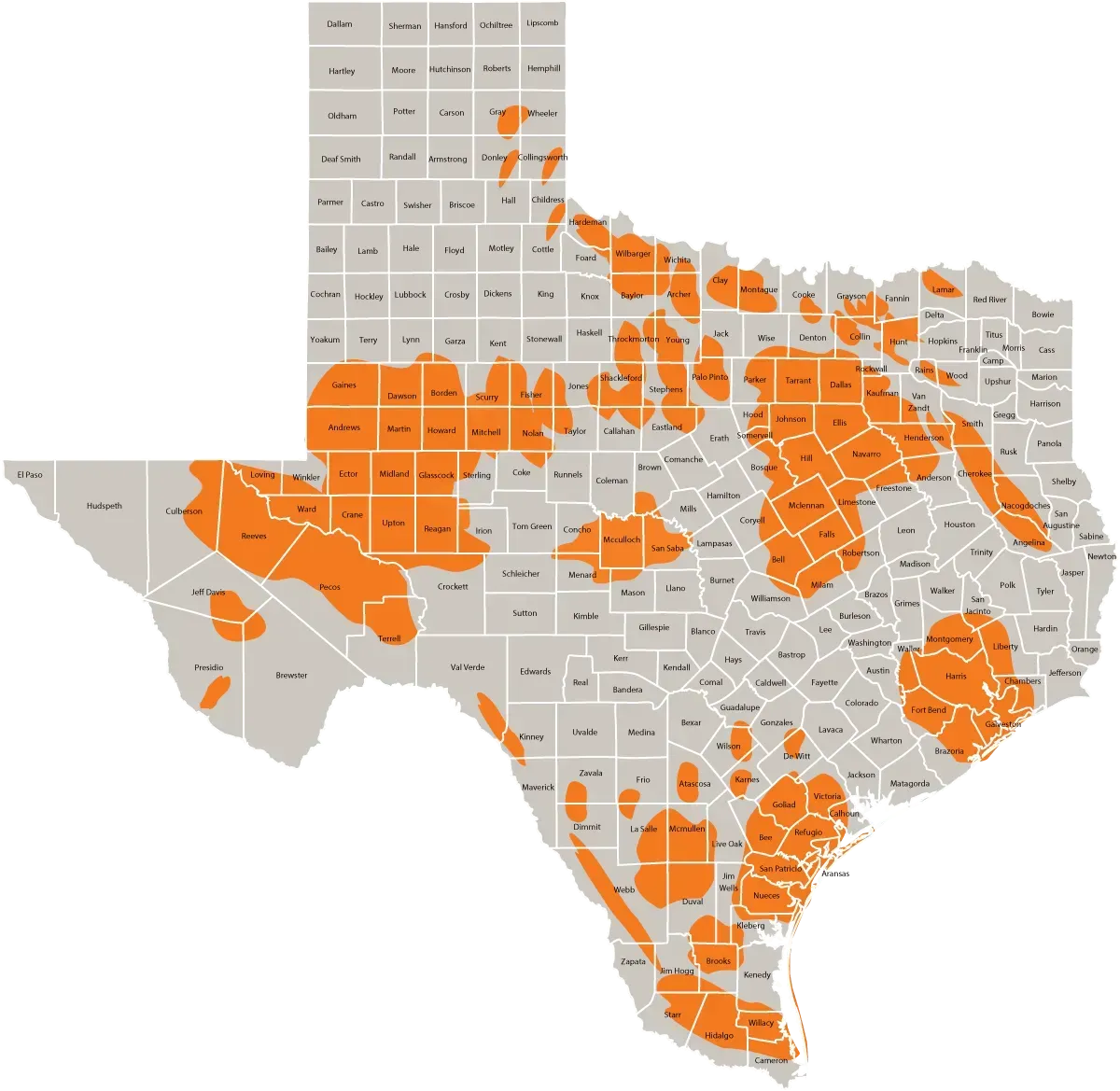 A map of the state of texas with orange areas