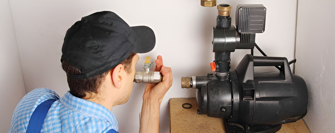 A plumber in a blue shirt and black cap inspects pipes near a black pump in a white enclosure.