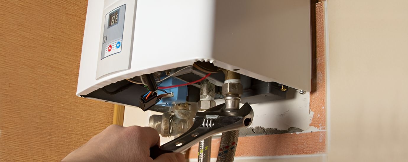 A person uses a wrench on a white water heater unit mounted on a brick wall.