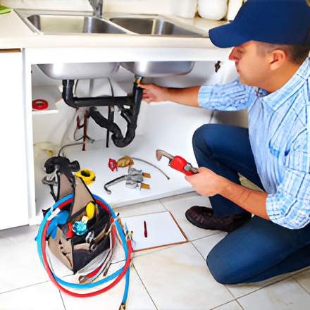 Plumber kneeling under a kitchen sink, using a wrench. He's wearing a blue cap and jeans. His toolbox and supplies are in the foreground.