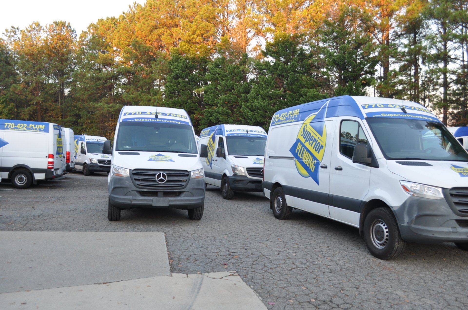 White vans with blue and yellow logos parked in a lot, trees in the background.