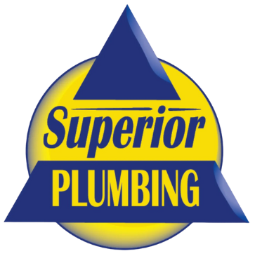 Logo for Superior Plumbing: Blue triangle over a yellow circle, with text 
