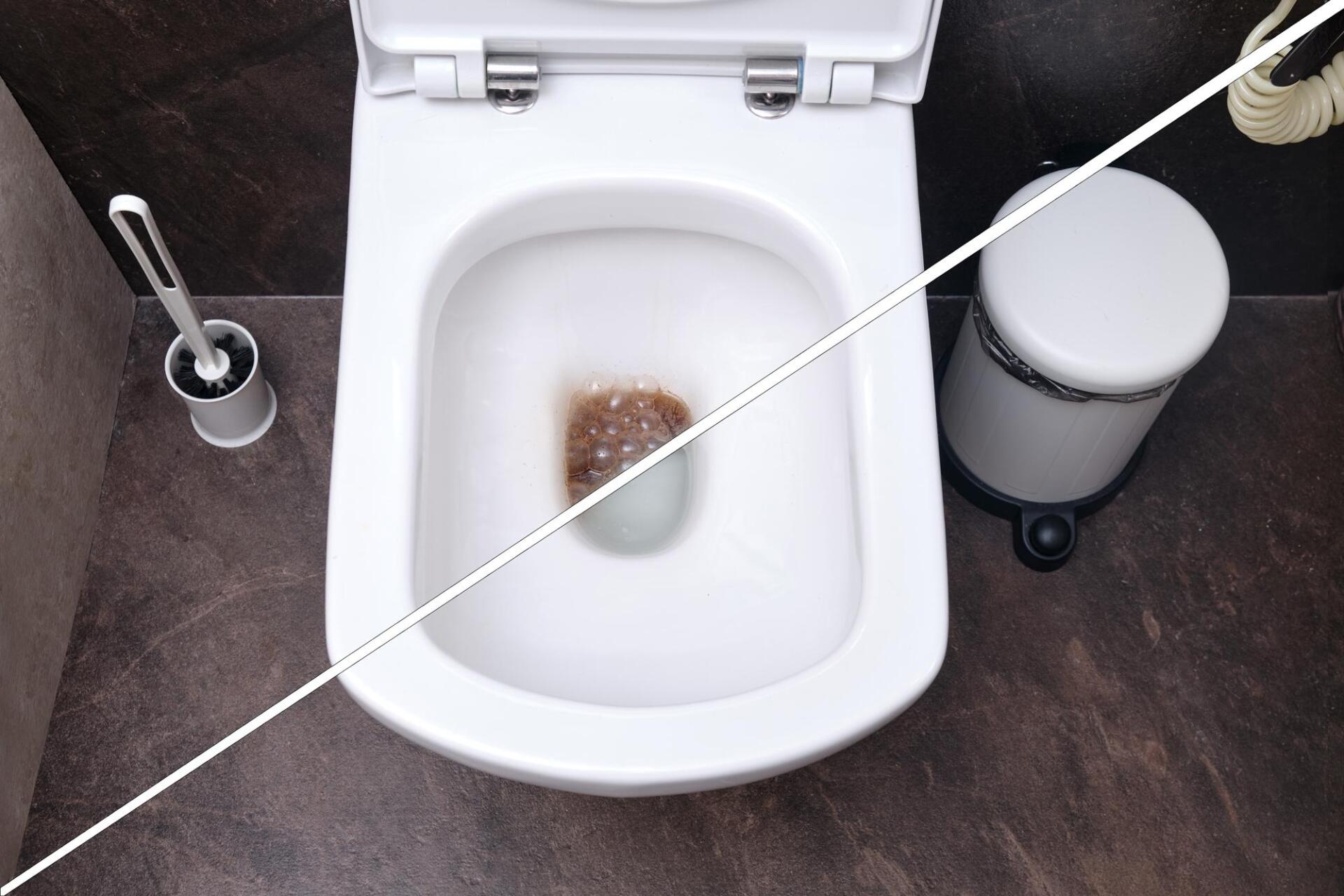 Toilet with a brown stain in the bowl, next to a trash can and toilet brush on a brown tiled floor.