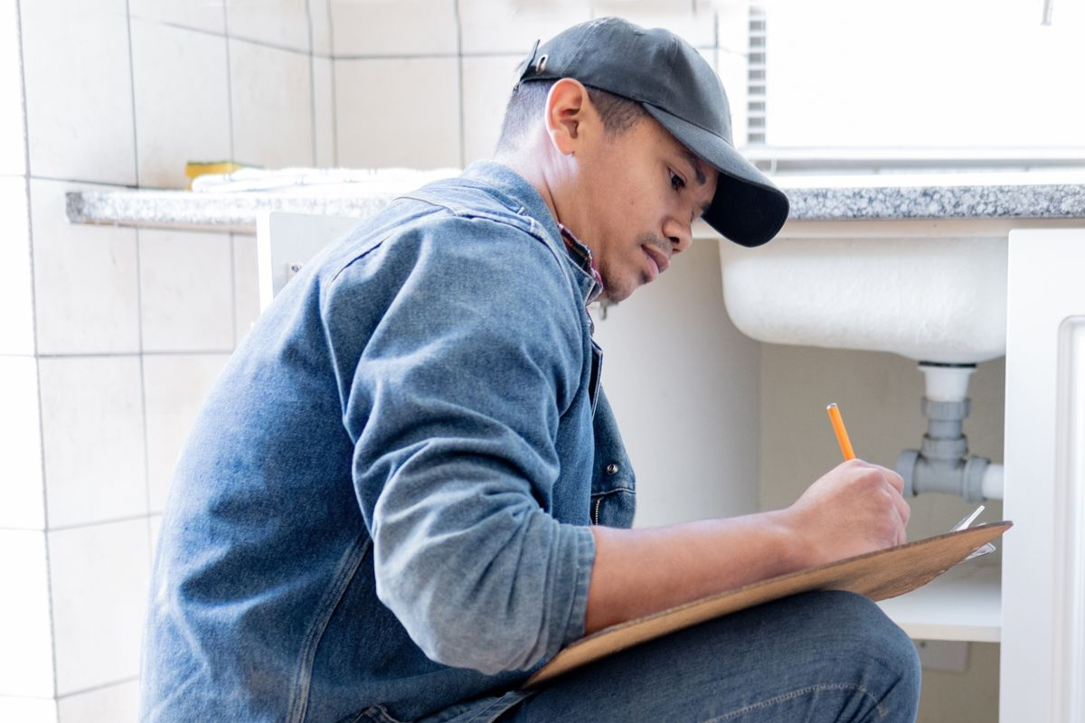 A plumber in a denim shirt and cap, inspecting pipes under a sink and writing on a clipboard.