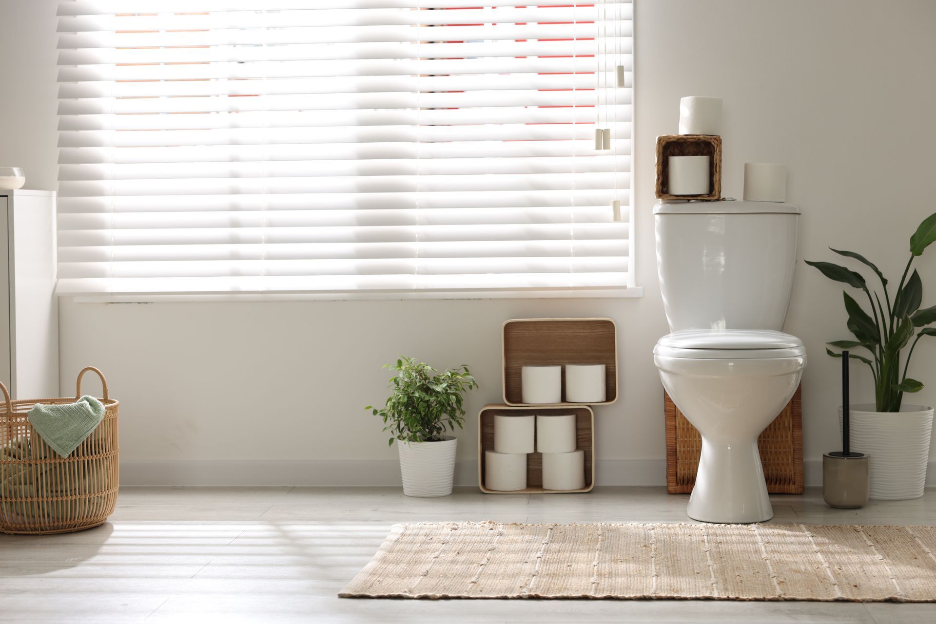 A bathroom with a toilet , plants , and a window.