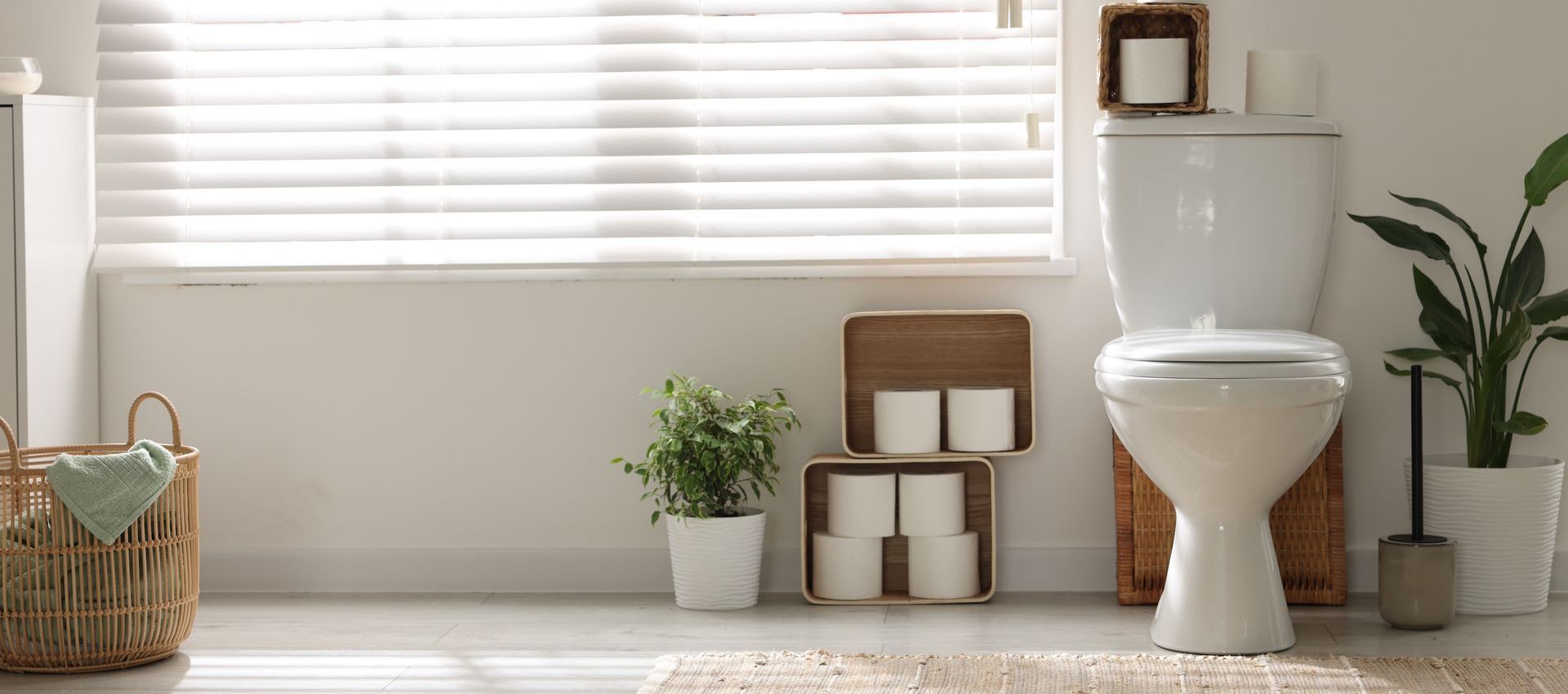 A bathroom with a toilet , plants , and a window.