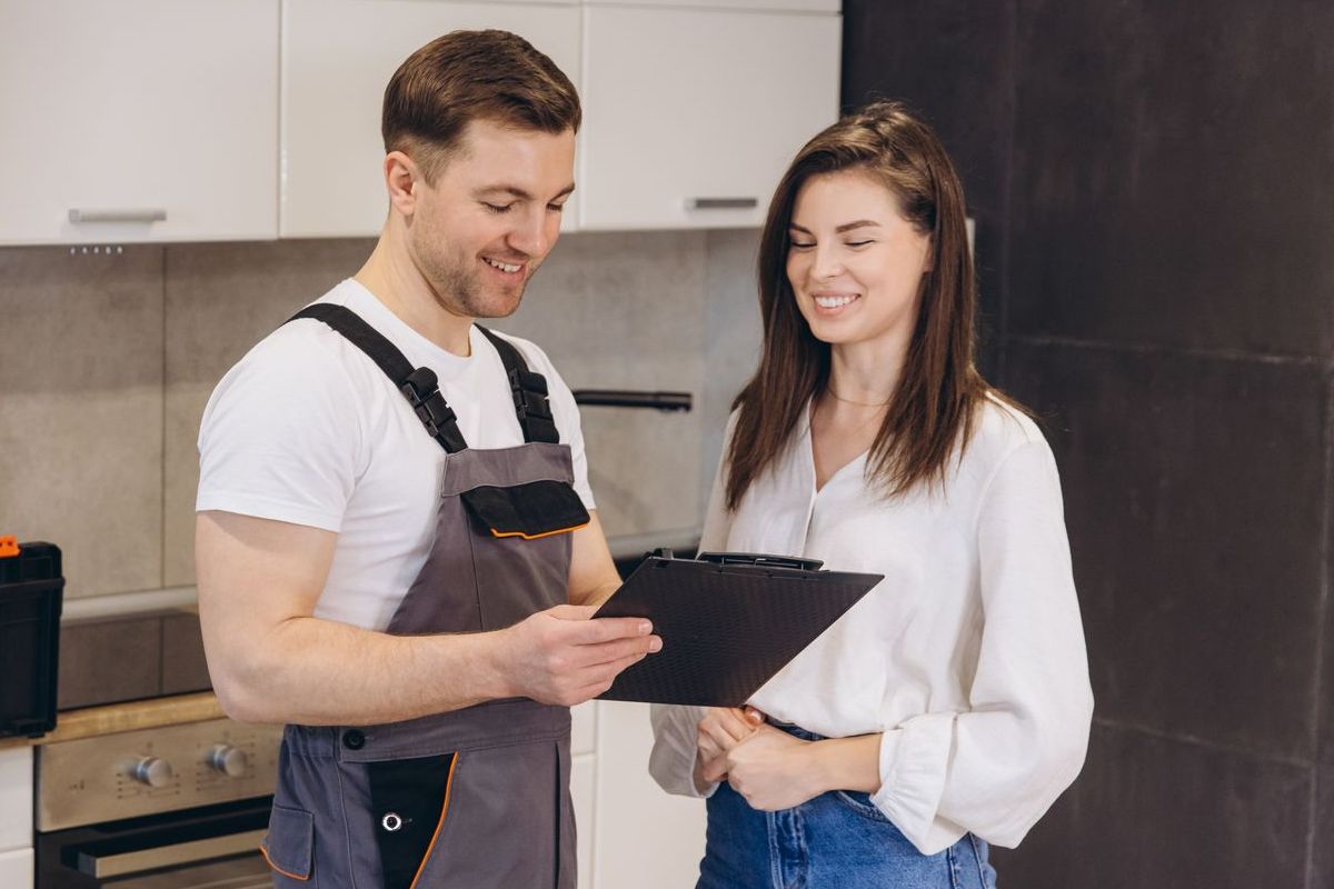 A man and a woman are standing in a kitchen looking at a clipboard.