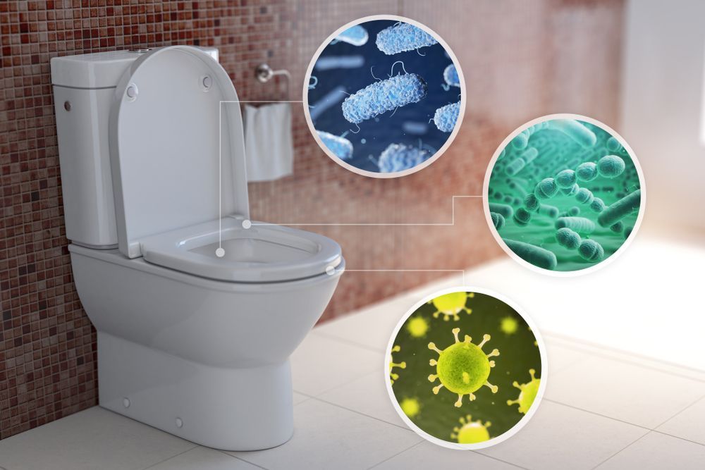 A toilet in a bathroom with a picture of bacteria on it.