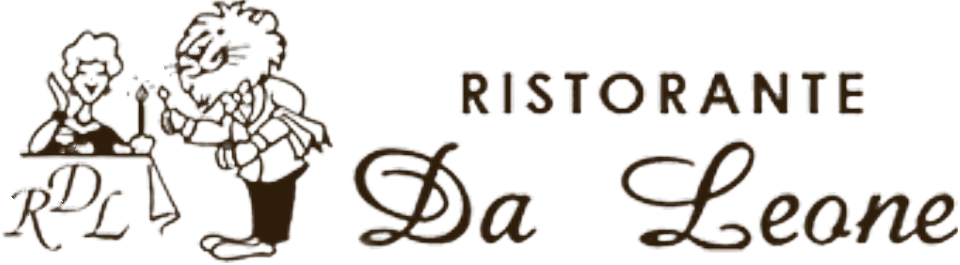 Logo del Ristorante Da Leone: un leone dei cartoni animati serve una donna a un tavolo; testo sopra il nome del ristorante.