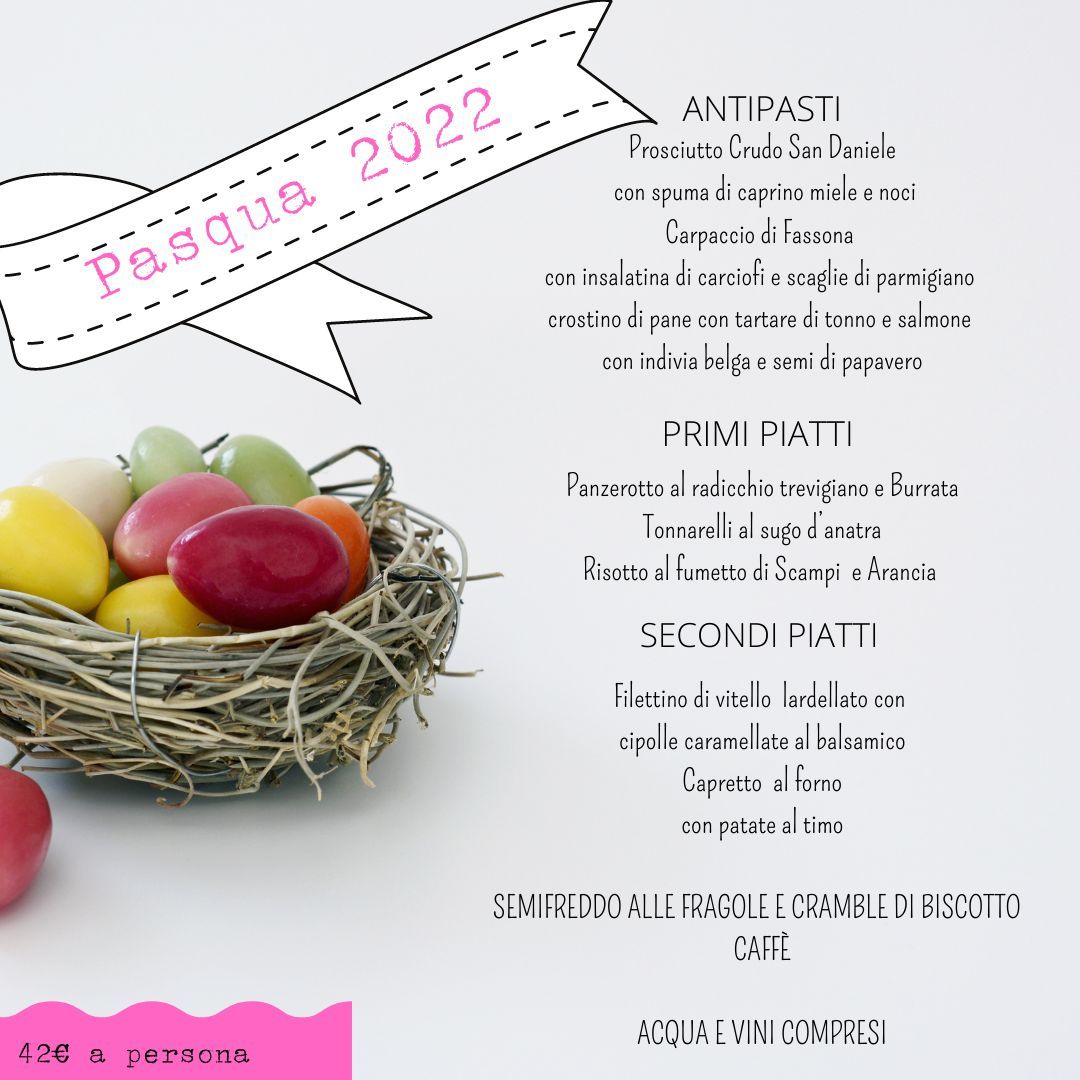 Menù di Pasqua 2022 in italiano con un nido di uova colorate, testo bianco su sfondo chiaro.