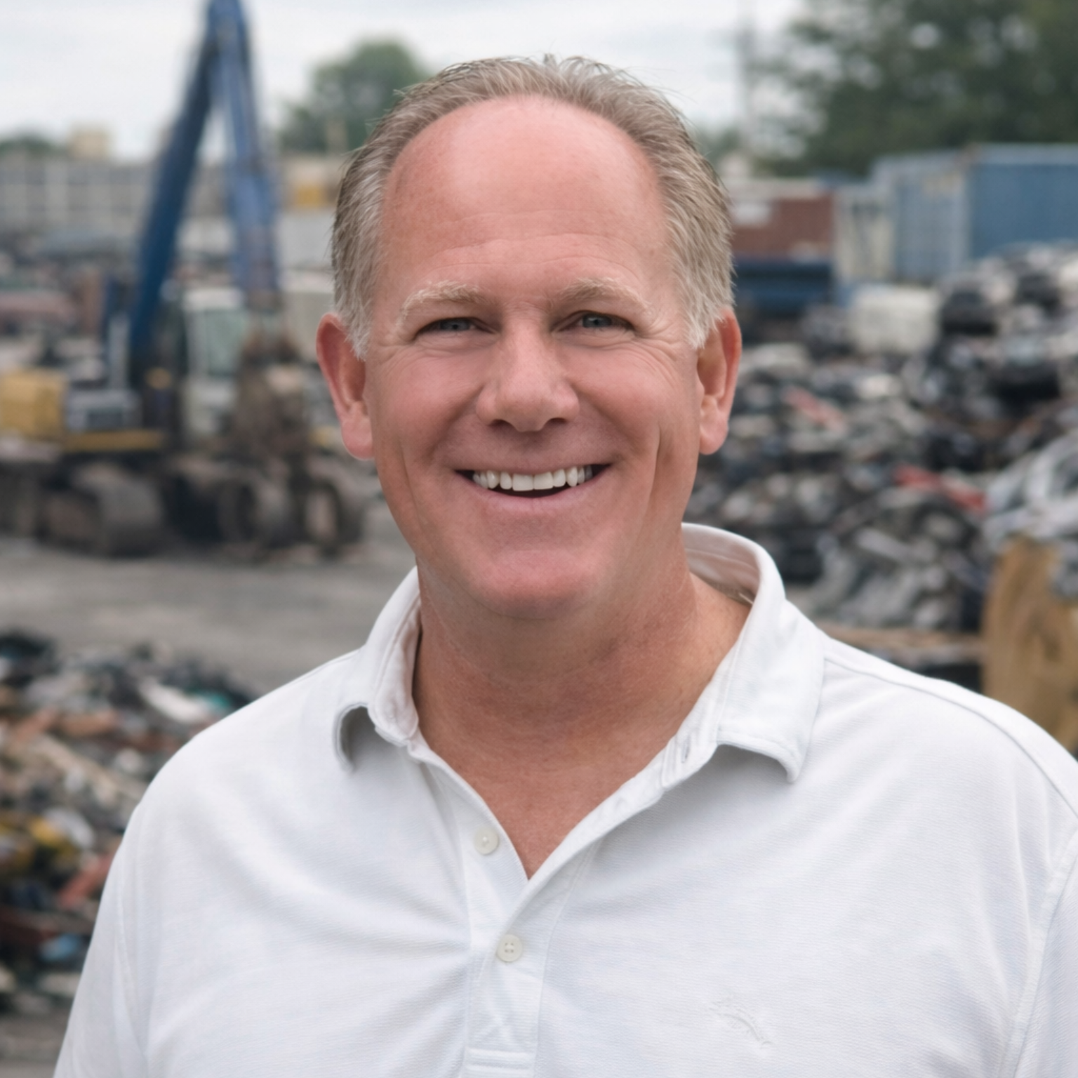 A couple smiles for a close-up photo, both wearing casual clothing, with an indoor dining setting in the background.