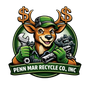 A mascot deer wearing a green cap holds a wrench, with piles of scrap metal and dollar signs against a green background.