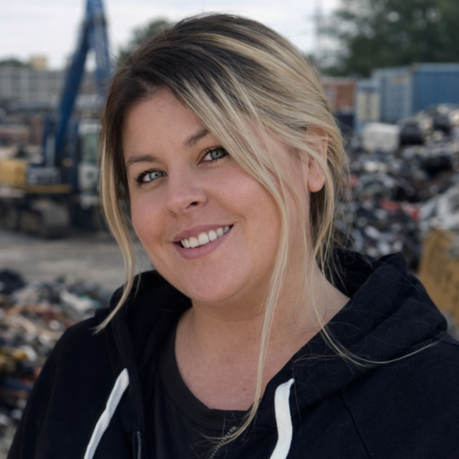 A person with sunglasses sits in a wooded, autumn-leaf-covered area with a fluffy, light-brown dog and a black dog.