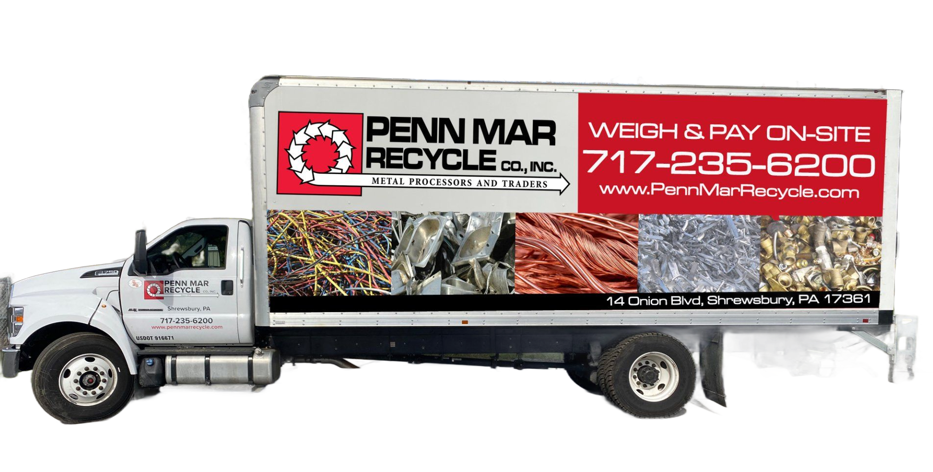 A white Penn Mar Recycle box truck with branding, phone number, and images of scrap metal on its side.