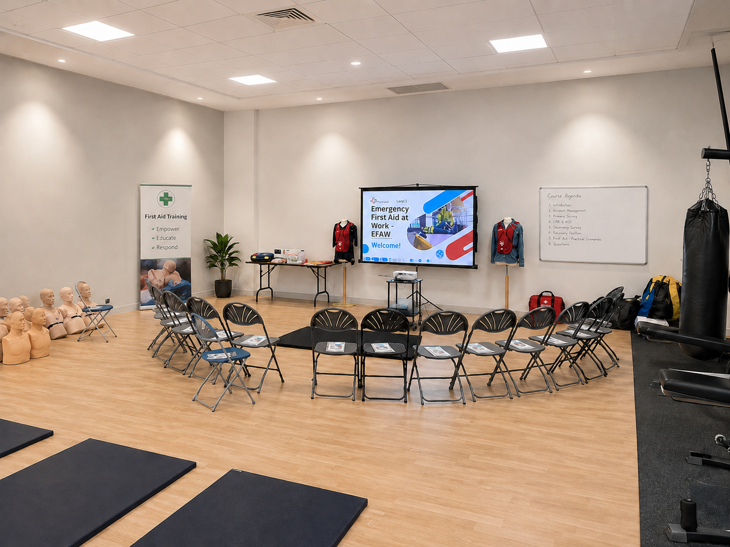 School classroom prepared for first aid training