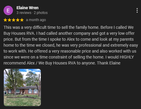 Testimonial for selling your house with our company, we buy houses rva