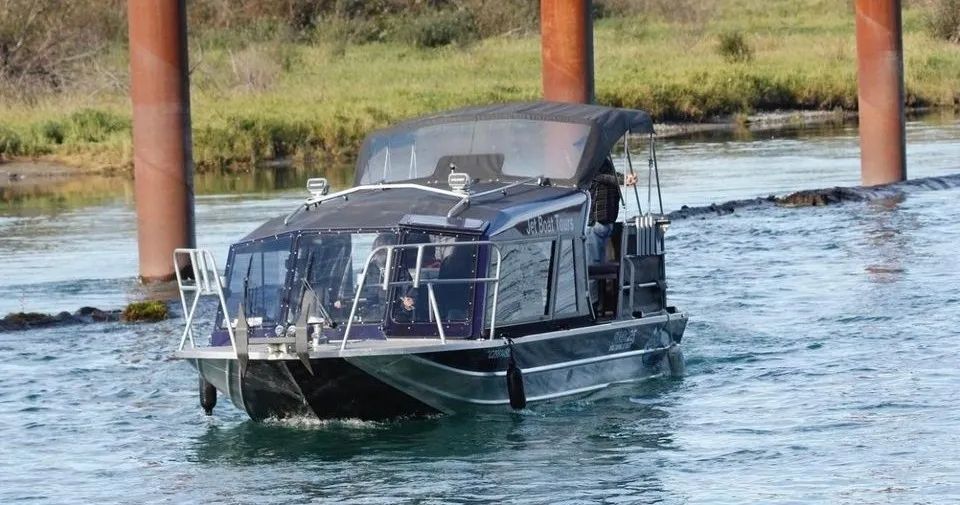 A boat is floating on a river under a bridge.