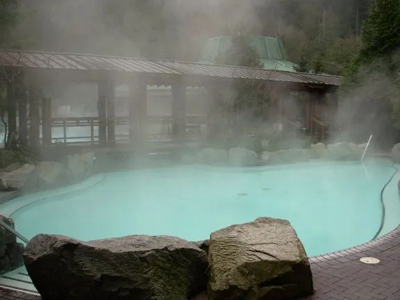 A large swimming pool surrounded by rocks and trees with steam coming out of it.