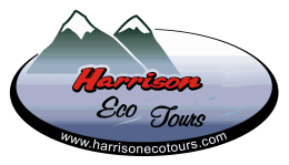 A logo for harrison eco tours with mountains in the background