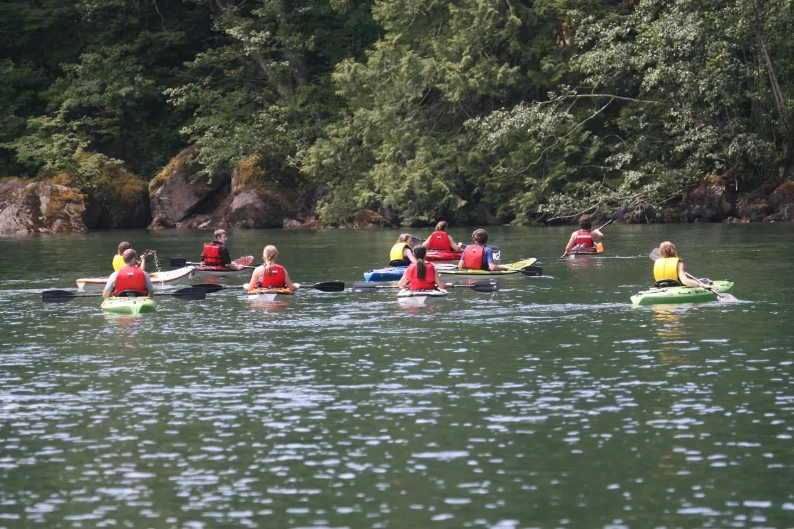 A group of people are paddling kayaks on a lake