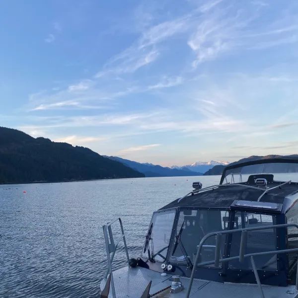 A boat is docked in the water with mountains in the background