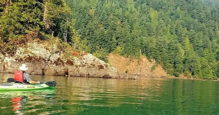 A person is riding a kayak on a lake surrounded by trees.