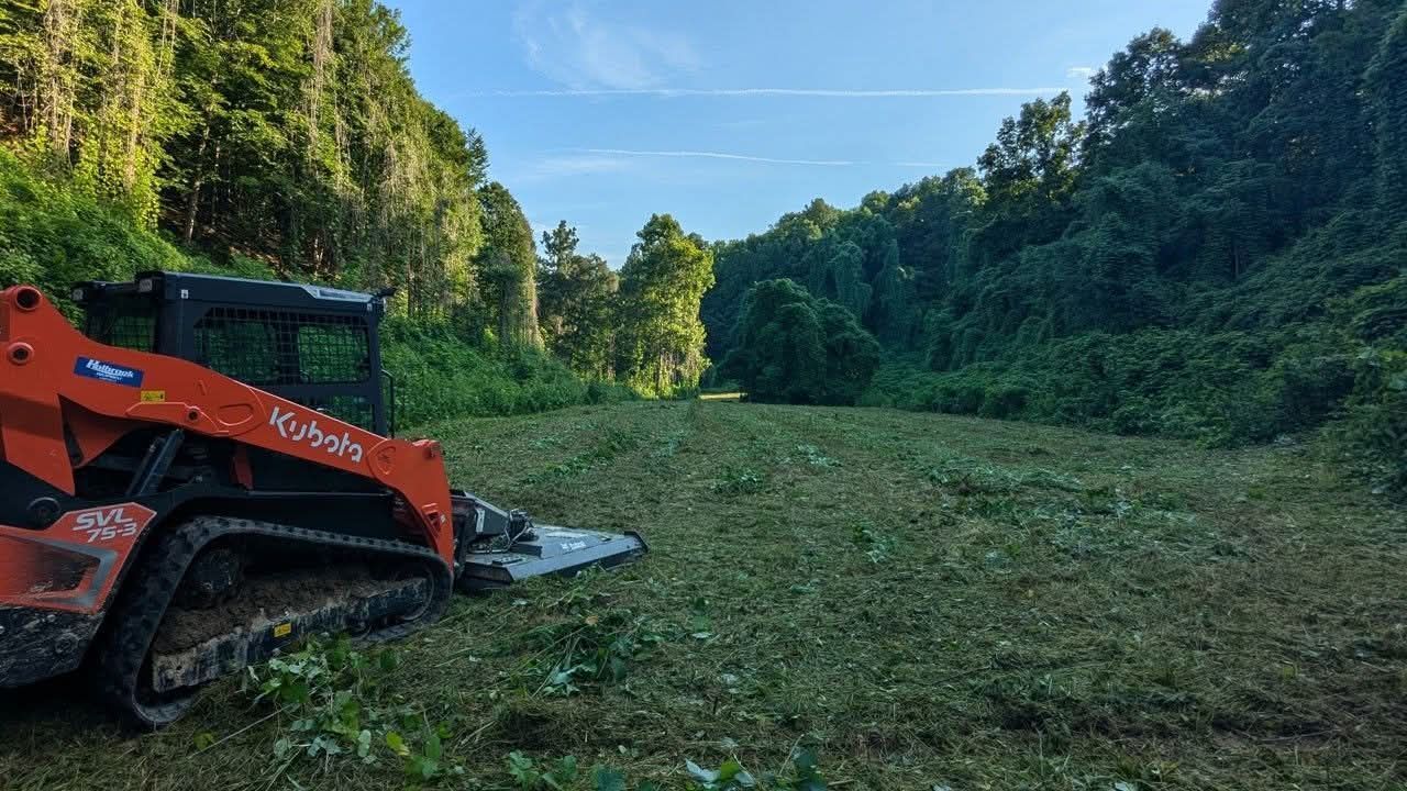 A bulldozer is cutting grass in a field with trees in the background.