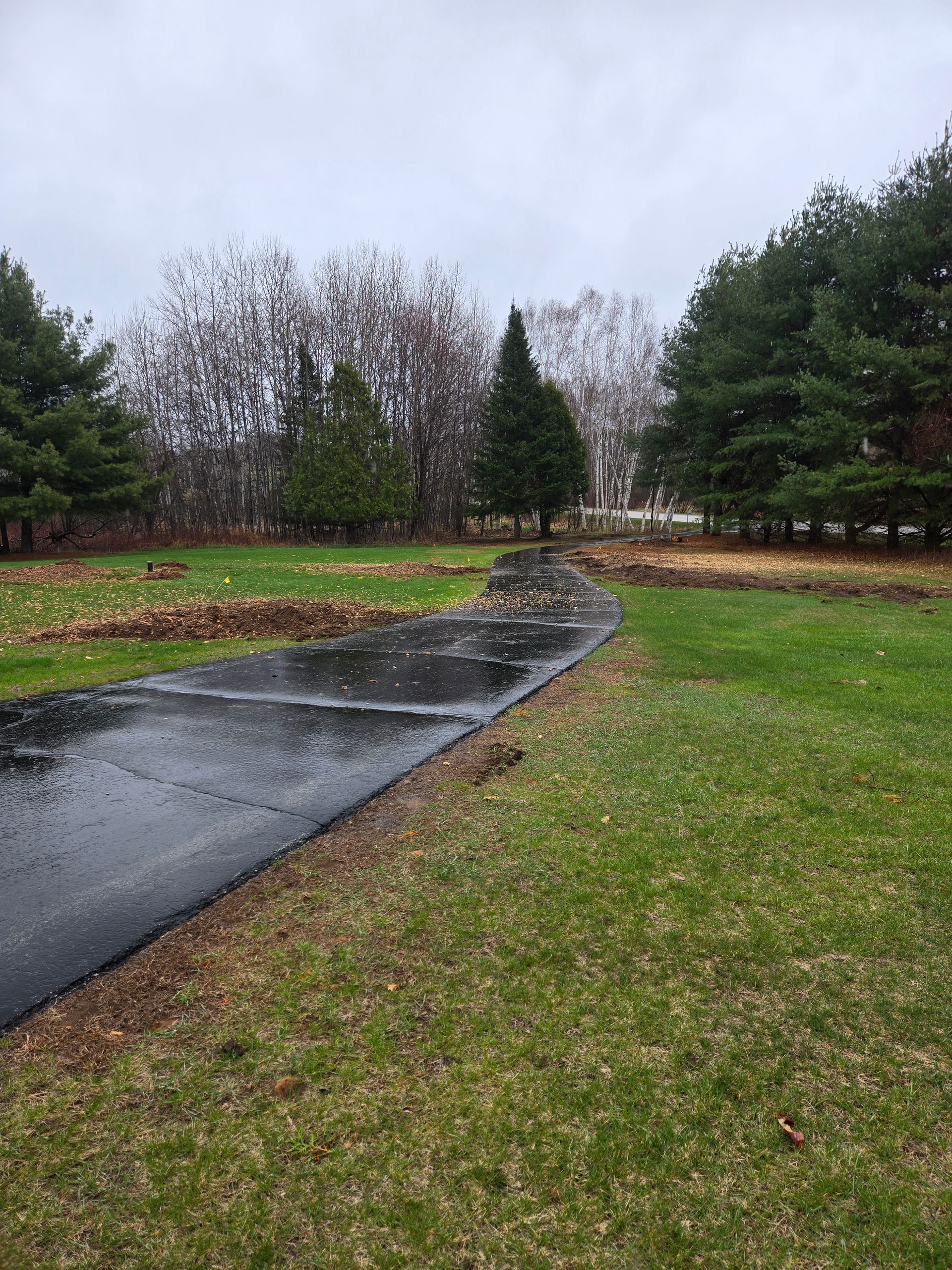 A driveway going through a grassy field with trees in the background.