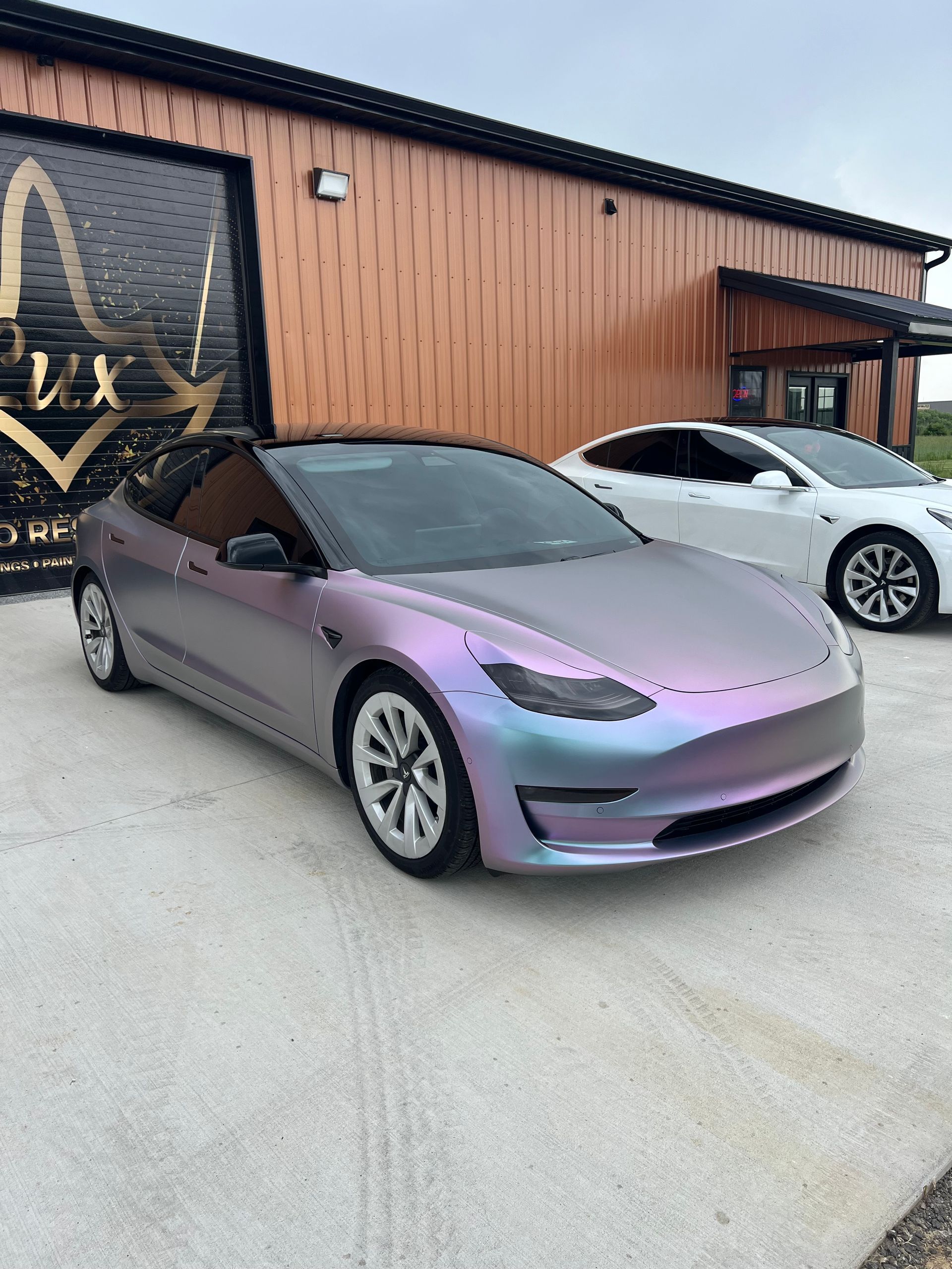 A purple tesla model 3 is parked in front of a building.
