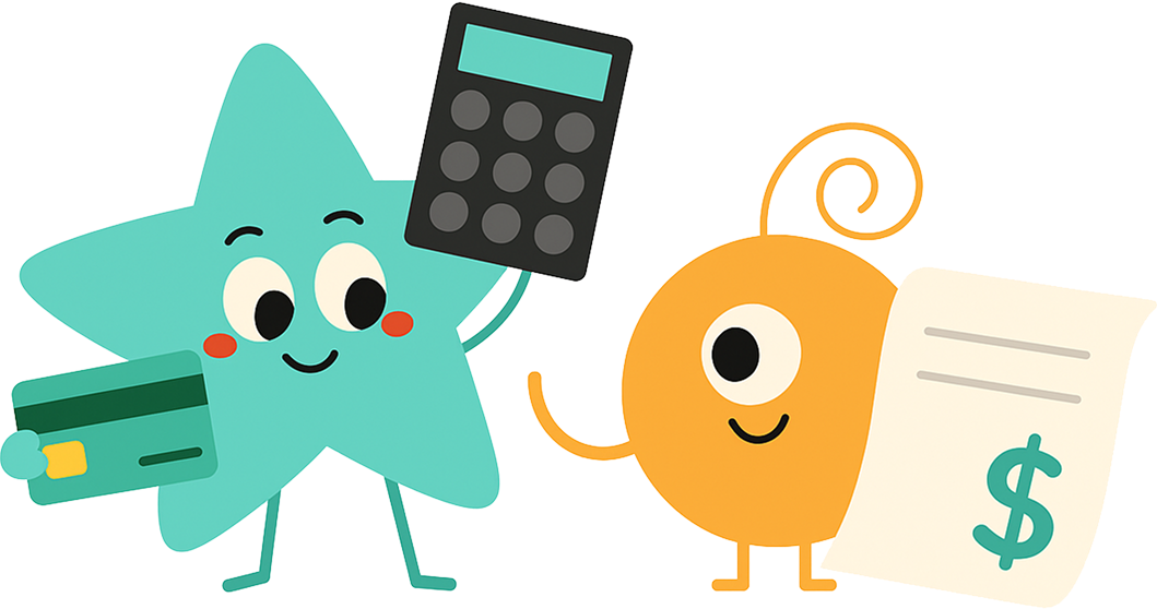 A cartoon star is holding a credit card and a calculator.