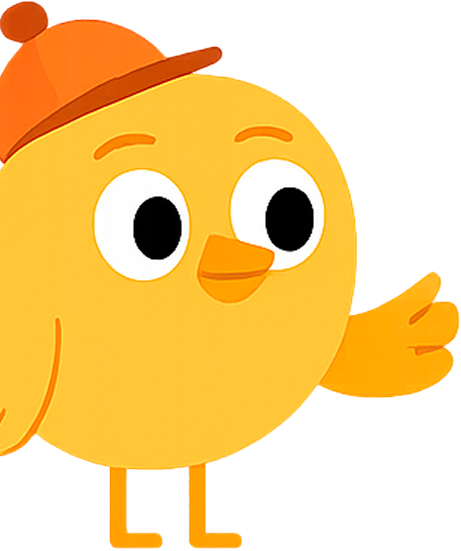 A cartoon chicken wearing an orange hat is waving.