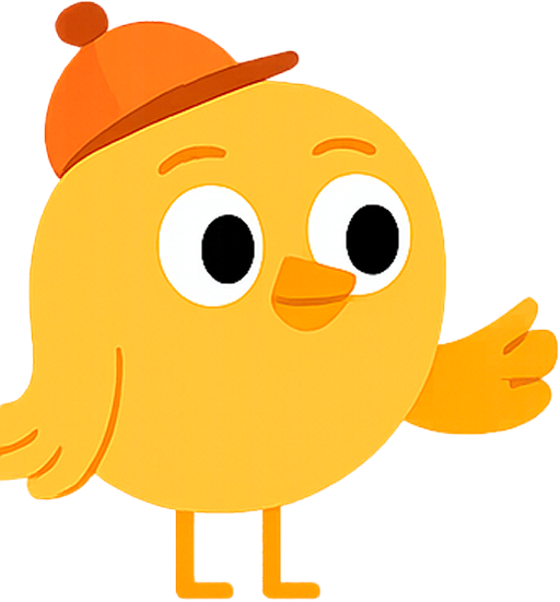A cartoon chicken wearing an orange hat is waving.