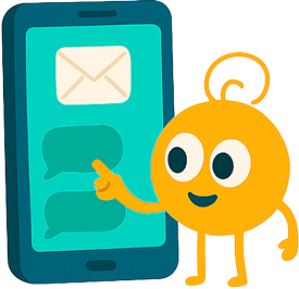 A cartoon character is pointing at a cell phone with a message on it.
