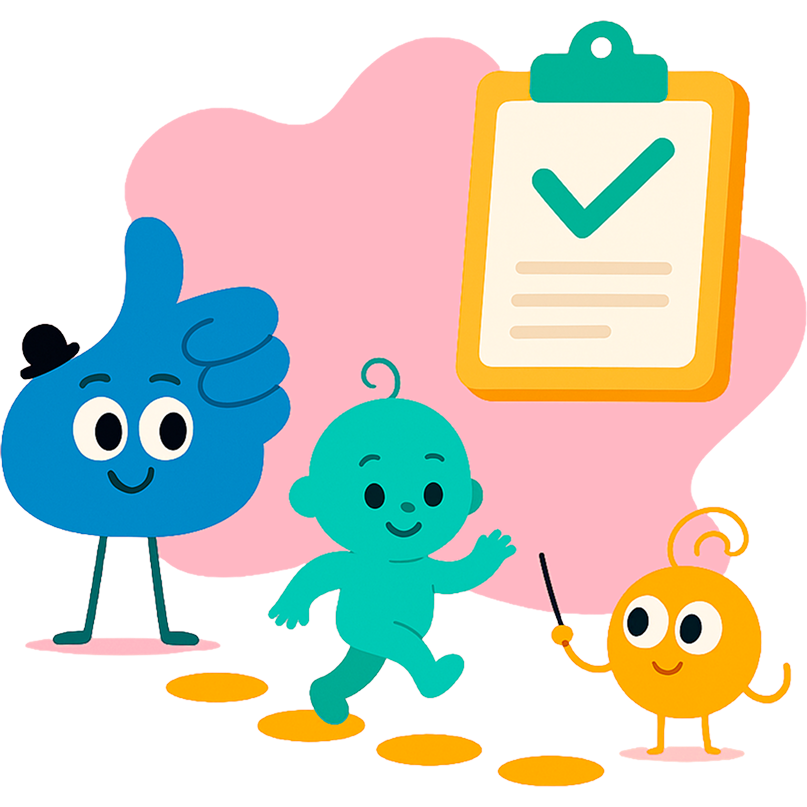 A cartoon illustration of a baby giving a thumbs up and a clipboard with a check mark on it.