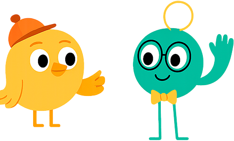 A yellow bird and a green monster are waving at each other.