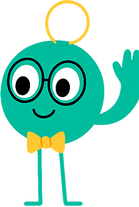 A cartoon character with glasses and a bow tie is waving.