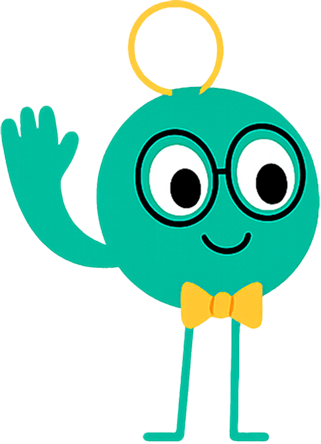 A cartoon character with glasses and a bow tie is waving.
