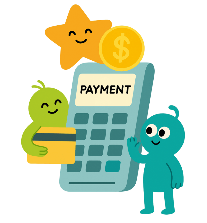 A cartoon character is holding a credit card in front of a payment machine.