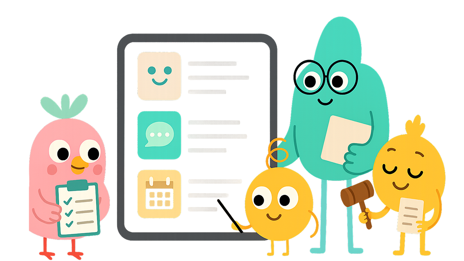 A group of cartoon characters are standing around a tablet.