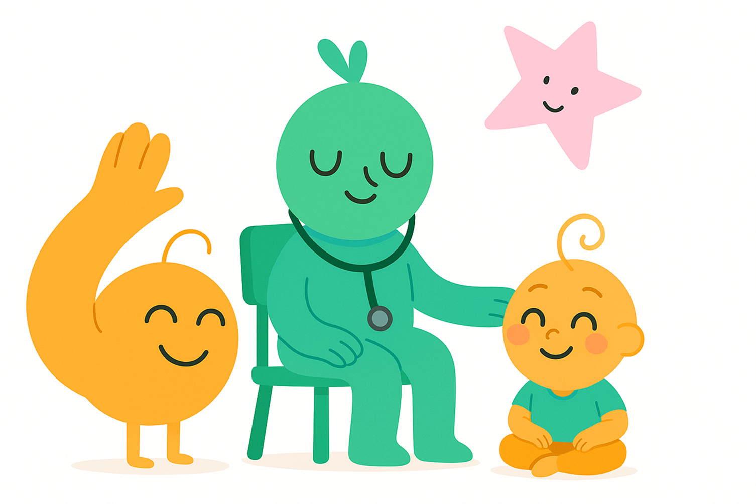 A cartoon of a doctor examining a baby with a stethoscope.
