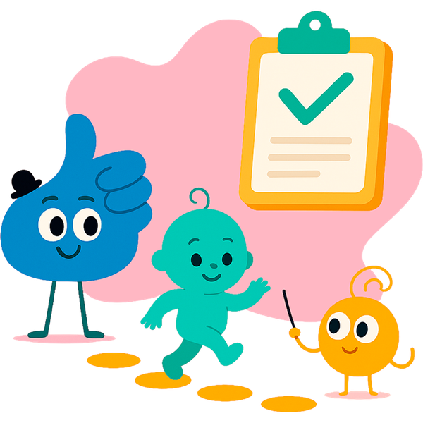 A cartoon illustration of a baby giving a thumbs up and a clipboard with a check mark on it.