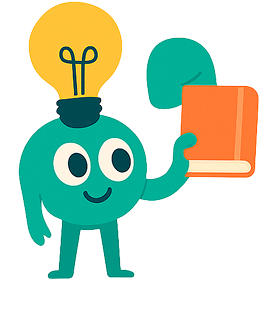 A cartoon character with a light bulb on his head is holding a book.