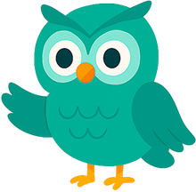 A cartoon owl with big eyes and an orange beak is waving its arm.